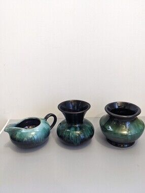 Blue Mountain Pottery Mini Trio Vase Bowl And Creamer Set Green Black Drip Glaze